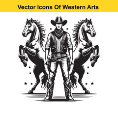 Fototapeta premium Cowboy with Two Rearing Horses – Black and White Western Vector Illustration