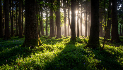 Obraz premium Sunlit Forest Path: Mystical Morning Fog in Green Woods