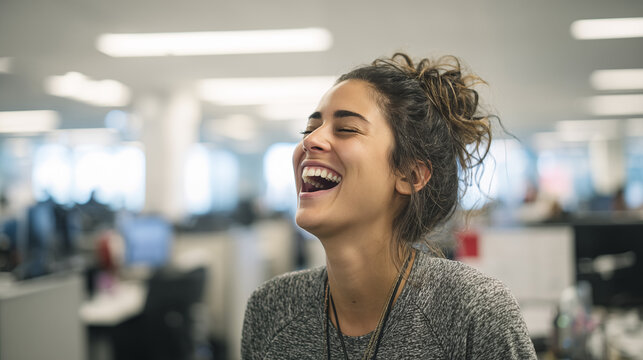 Smiling woman with hair in a bun laughing in a bright open-plan office
