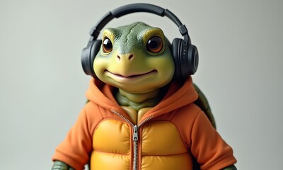 Turtle figurine in a realistic style in orange and black colors representing modern youth culture against a plain light grey background