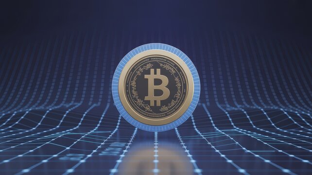 Bitcoin cryptocurrency coin with a b symbol on a blue background.