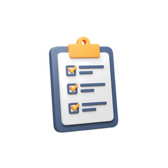A 3D rendering of a clipboard with a checklist, featuring three checked boxes and lines indicating text.