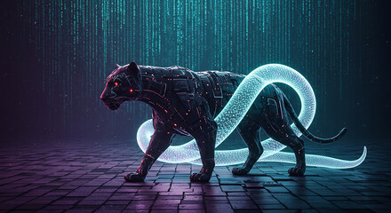 Surreal Hybrid AI Animal on Glitch Terrain Under Code Rain