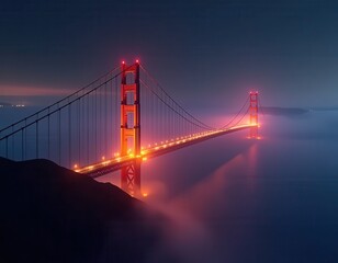 Fototapeta premium Iconic Golden Gate Bridge Illuminated at Night in Dense Fog