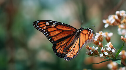 Fototapeta premium Beautiful monarch butterfly with vibrant orange and black wings resting peacefully, showcasing delicate patterns and natural elegance in close-up detail.