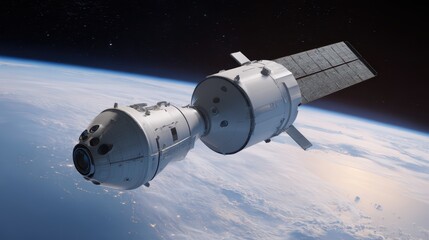 Satellite separating from rocket in Earth orbit, solar panels deployed with city lights and cloud cover, space technology concept.