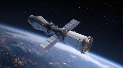 Satellite separating from rocket in Earth orbit, solar panels deployed with city lights and cloud cover, space technology concept.