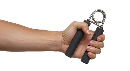 Exercising hand grip strengthener workout tool in hand on white