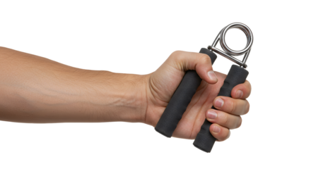 Exercising hand grip strengthener workout tool in hand on white