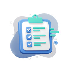 A 3D rendered checklist icon, showing a clipboard with completed tasks, emphasizing efficiency and organization.