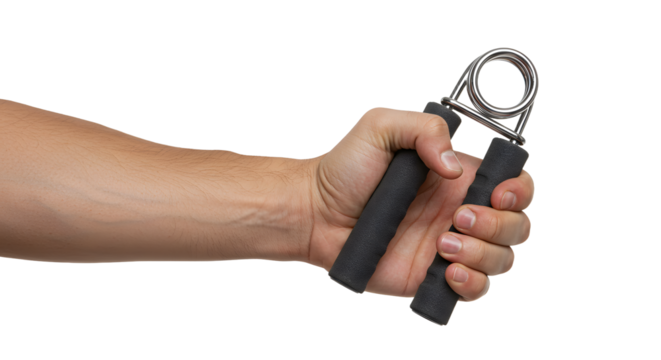 Exercising hand grip strengthener workout tool in hand on white