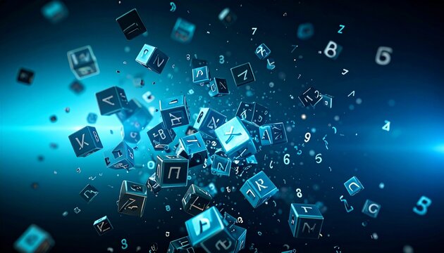 Abstract digital composition featuring floating cubes with numbers and symbols, dynamic. - Powered by Adobe