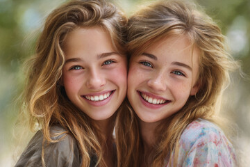 Fototapeta premium Close-up portrait of two happy teenage girls smiling outdoors with natural light and soft background