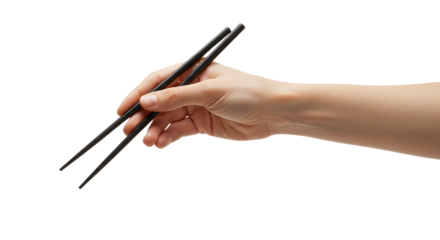 Hand Holding Black Chopsticks Ready to Eat Asian Food