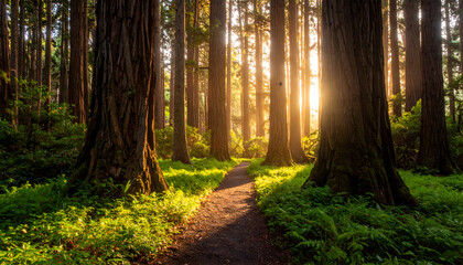 Obraz premium Sunlit Path Through Lush Green Forest