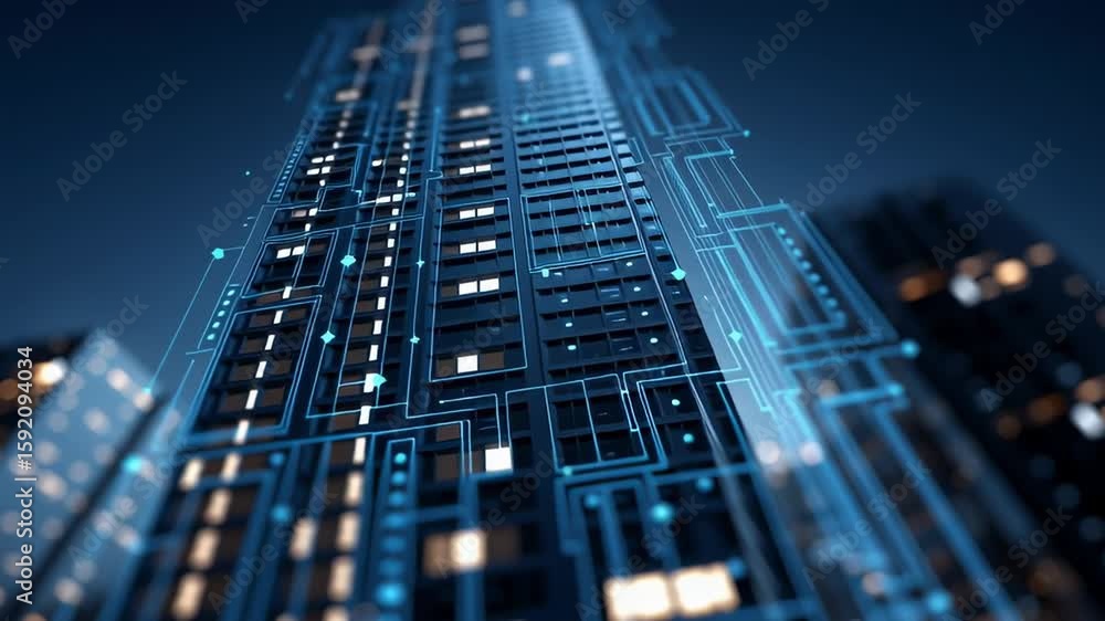Poster glowing seamless loop hud animation with futuristic skyline perspective