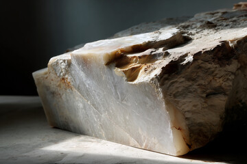 Close-up of a raw marble stone block with natural textures and light highlighting its rough and smooth surfaces