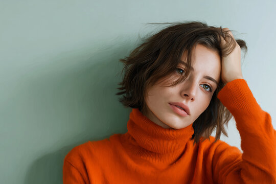 Thoughtful young woman in an orange turtleneck sweater expressing contemplation and subtle emotion against a soft background