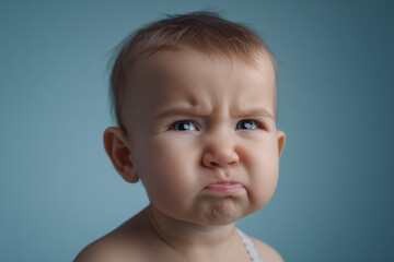 Close-up of an adorable baby making a cute grumpy face with furrowed brows against a blue background
