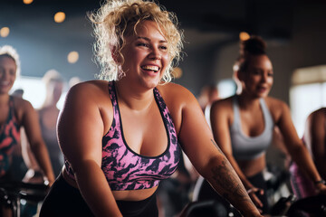 Plus-size group of athletes in a spinning class, mid-session, energetic and sweaty, vibrant gym lighting.