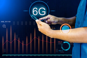Future 6G Network Technology and Data Analyticsa futuristic digital interface displaying various data visualizations