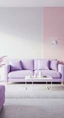 Light Purple Sofa in Modern Minimalist Living Room with Pink Accent Wall and White Coffee Table