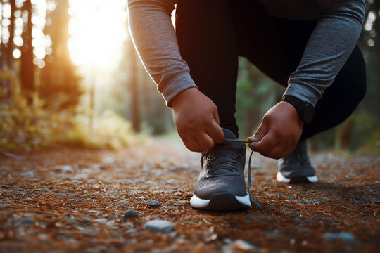 Plus-size male runner tying shoelaces before jogging on a forest trail, wearing smart fitness gear.