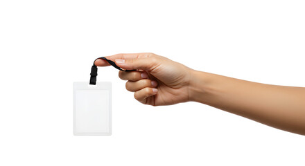 Hand holding badge identification card with black lanyard against white