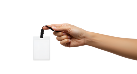 Hand holding badge identification card with black lanyard against white