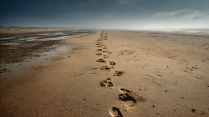 Footprints on a vast sandy beach leading to a horizon