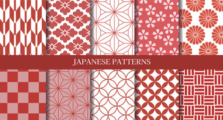 シームレスな和柄パターン　赤　セット