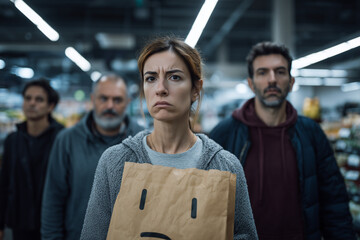 Concerned woman holding a sad face paper bag with people standing behind her in a supermarket aisle