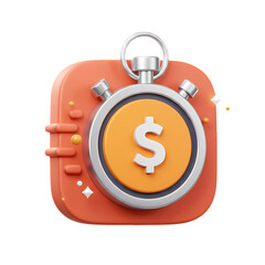 A 3D rendered stopwatch icon with a dollar symbol representing time and money.