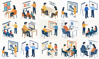 Isometric Style Group of People Attending a Training or Seminar Session Illustration