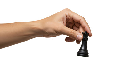 Holding black queen chess piece with fingers against white background