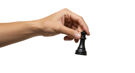 Holding black queen chess piece with fingers against white background
