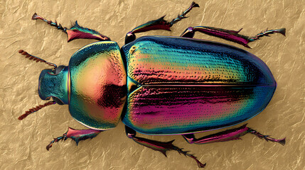 Iridescent beetle on textured gold background. gloss shell. Illustration