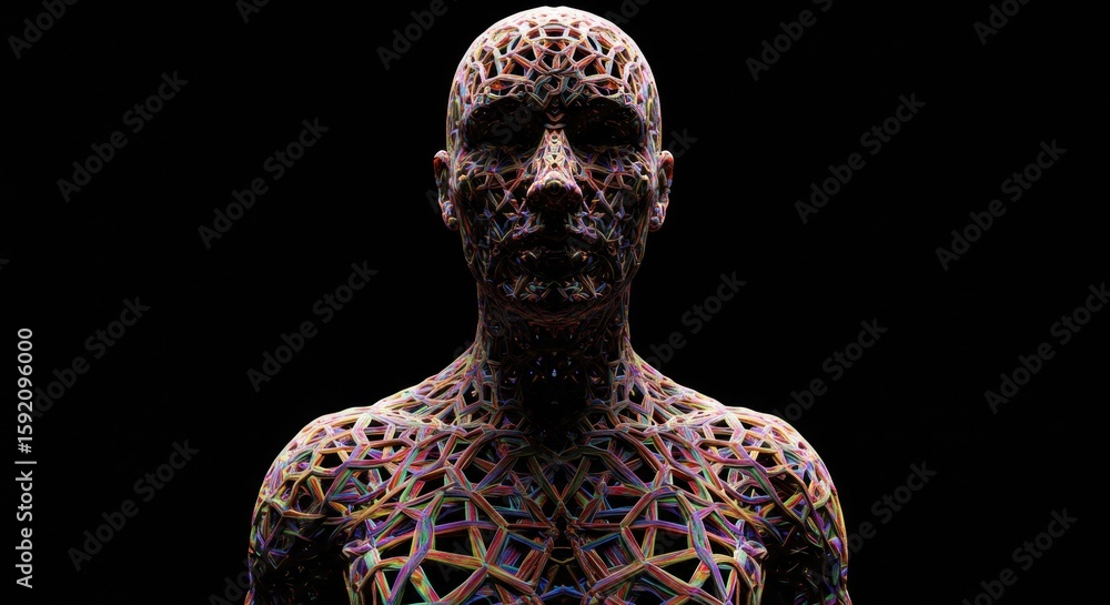 Poster abstract human figure constructed from intricate network of colorful geometric shapes