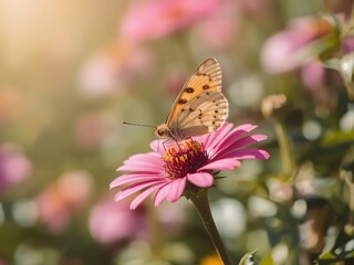 Beautiful summer flower scenery. Close up of a butterfly on a pink flower. Photo in shallow depth of field.