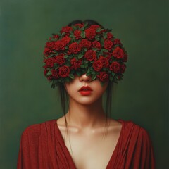 Woman with Roses Covering Eyes in Artistic Portrait