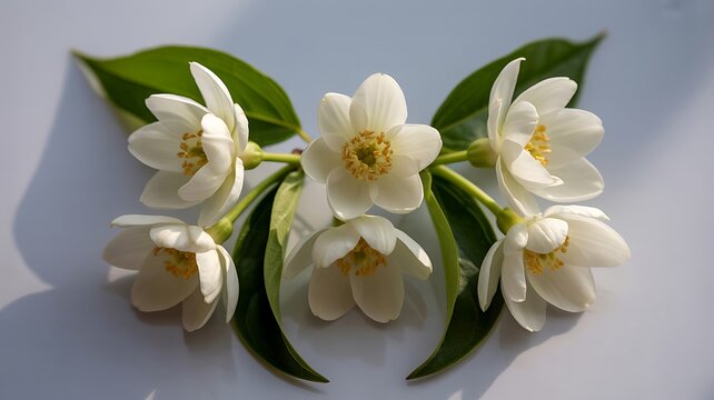 Delicate white jasmine flowers with green leaves arranged in a symmetrical butterfly wing pattern