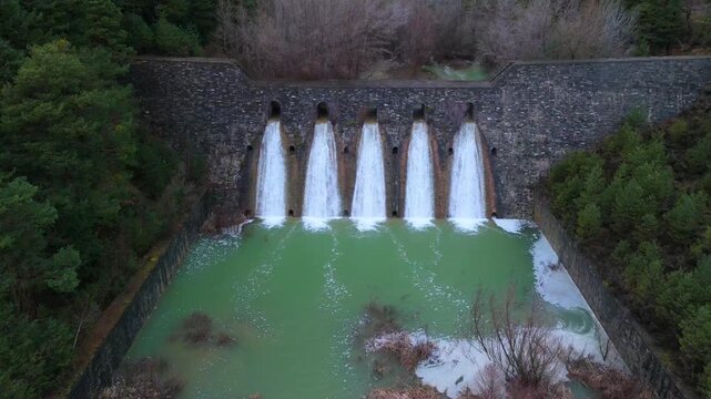 Aerial drone view of the river in the Ar&aacute;s Ravine in Biescas, Alto Gallego region, Huesca, Aragon, Spain, Europe.