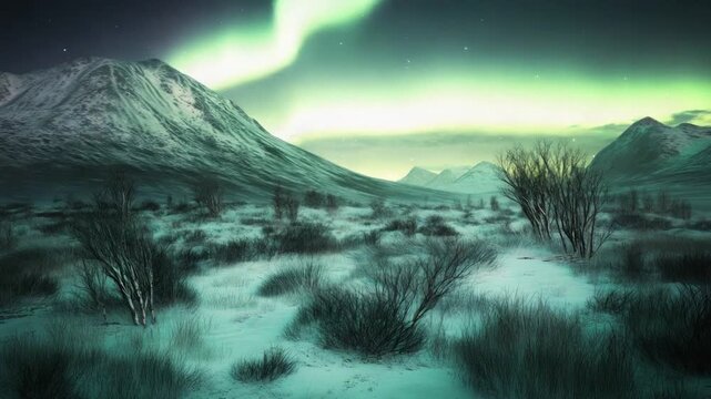 Snowy tundra landscape at night, aurora borealis