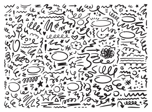 Marker scribble elements collection. Grunge hand drawn shapes, icons, strokes, underlines, wave brush marks. Vector set isolated on white background.