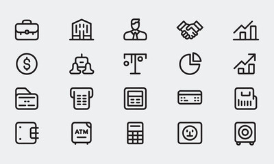 Bold line business and finance icon set including money, bank, chart, wallet, and office symbols. Ideal for fintech, accounting, marketing, investment, and corporate visual design needs.
