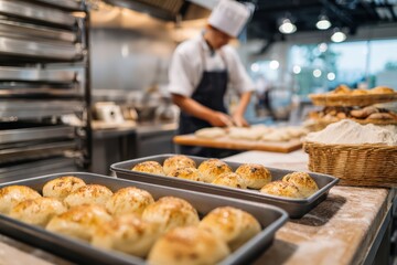 pastry kitchen with dough proving in trays