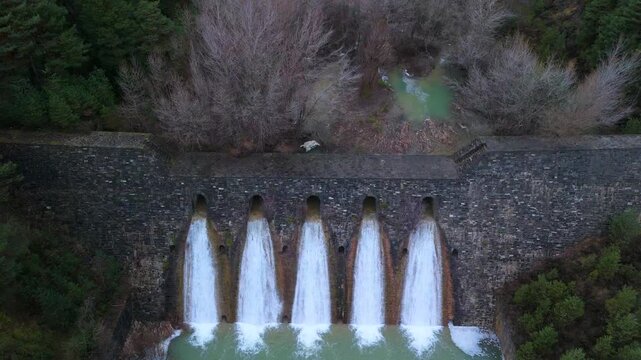 Aerial drone view of the river in the Ar&aacute;s Ravine in Biescas, Alto Gallego region, Huesca, Aragon, Spain, Europe.