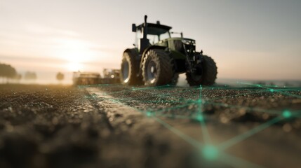 Fototapeta premium Futuristic agricultural scene featuring tractor on field at sunrise, showcasing advanced technology with digital connections on ground. image conveys innovation in farming practices