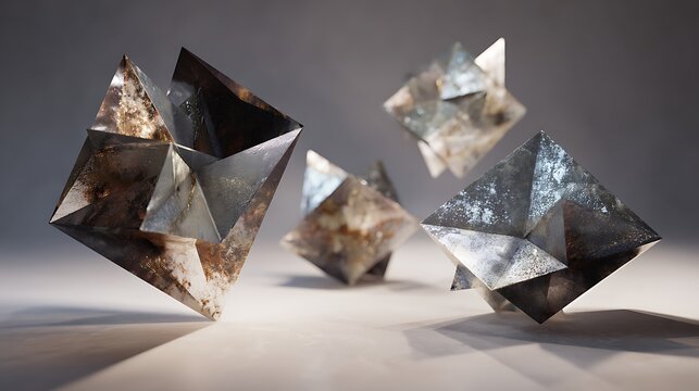 Three geometric abstract sculptures made from crumpled metallic foil
