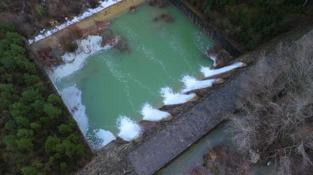 Aerial drone view of the river in the Ar&aacute;s Ravine in Biescas, Alto Gallego region, Huesca, Aragon, Spain, Europe.